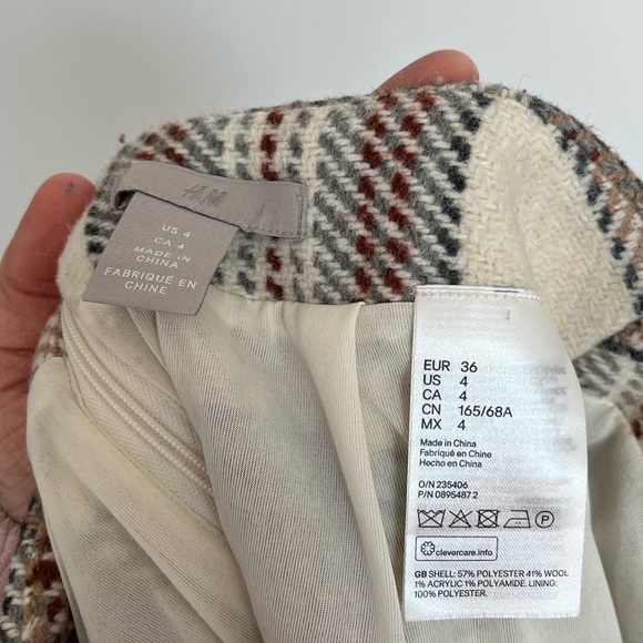 H&M Plaid Wool Skirt Cream and Brown size 4 - Picture 4 of 4